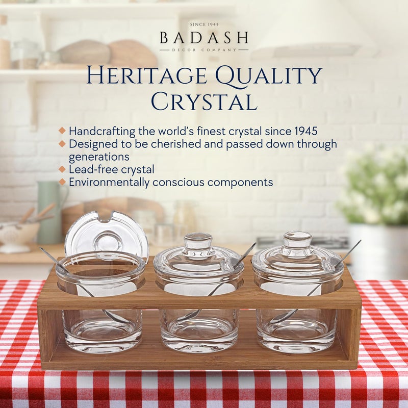 Badash Crystal Glass Jar Set - 10-Piece Glass Jars with Lids, Spoons, and Wood Stand for Jam, Honey, Spice, or Condiments - Ideal for Salad Dressing & Sauce - Image 4